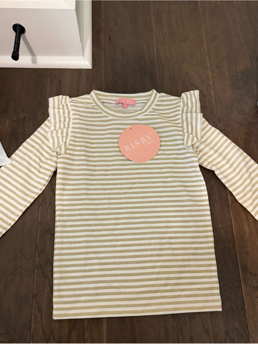 Bisby Cream & White Striped Ruffle-Shoulder Long Sleeve Top for Kids
